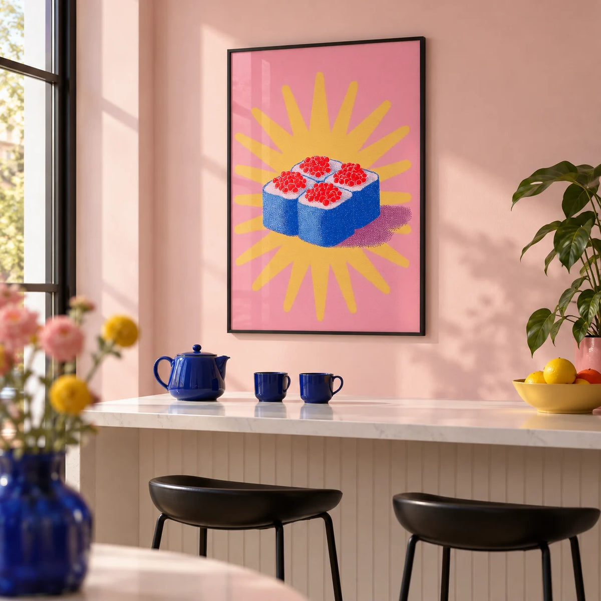Sushi Poster, framed on the wall of a modern breakfast bar with a pale pink wall in a kitchen