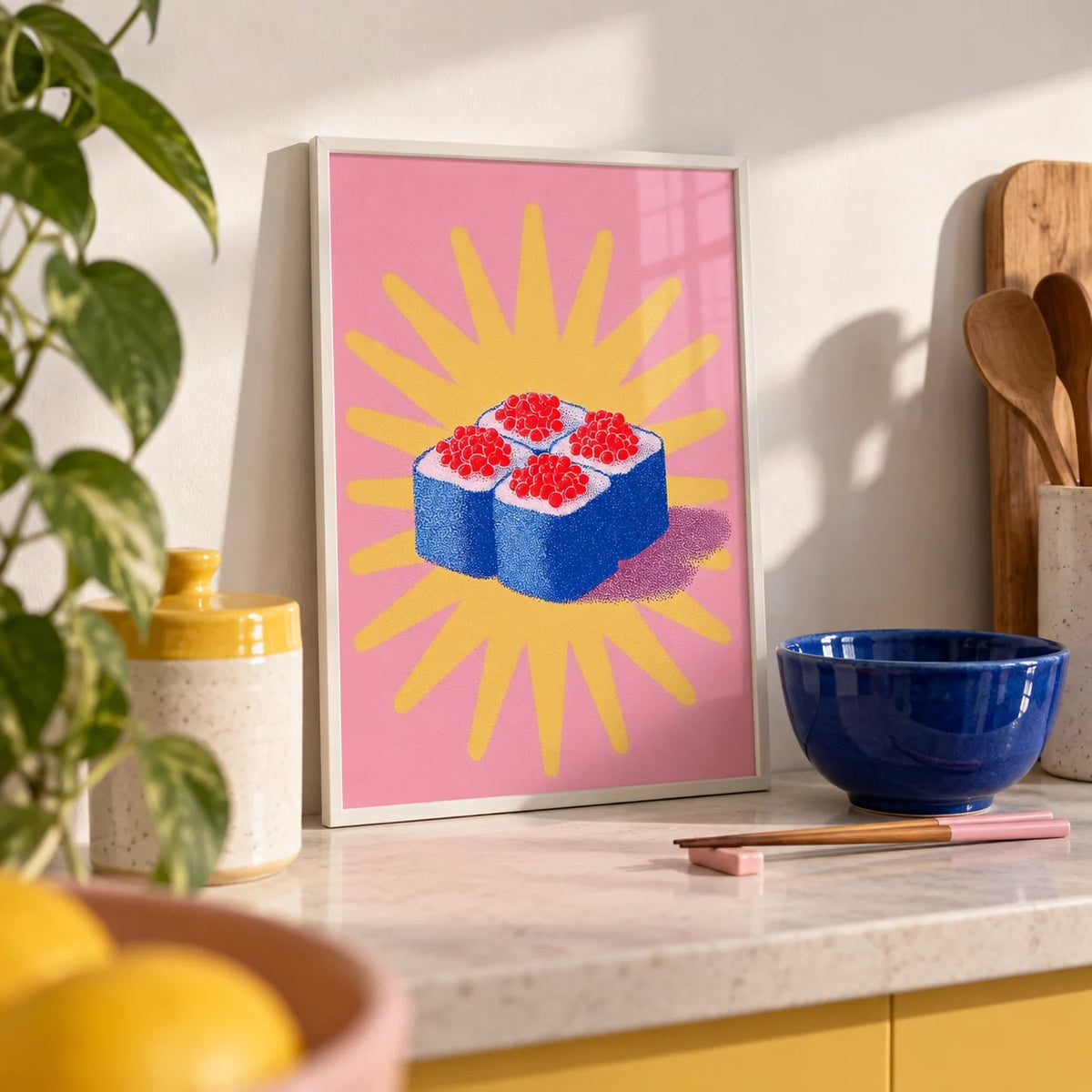 Sushi Poster, a small A4 framed print leaning on a kitchen shelf