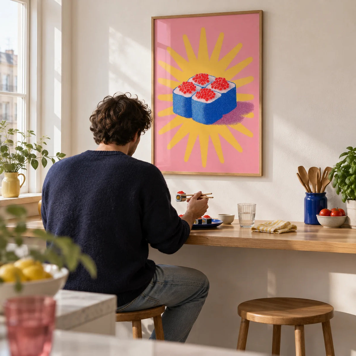 Sushi Poster, framed on the wall of a small city-flat kitchen with a white wall