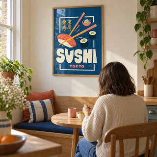 Sushi Wall Art, framed on the wall of a compact kitchen breakfast nook in a UK terrace with a cream wall and an oak built-in bench