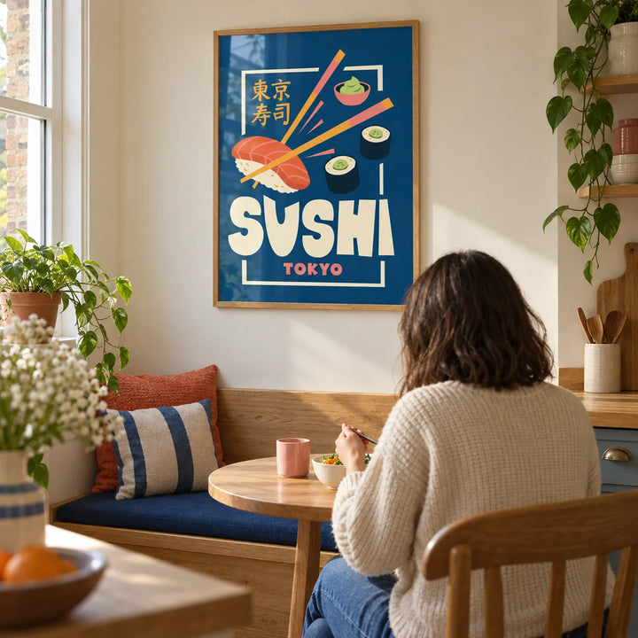 Sushi Wall Art, framed on the wall of a compact kitchen breakfast nook in a UK terrace with a cream wall and an oak built-in bench