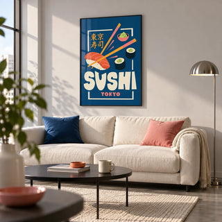 Sushi Wall Art, framed on the wall of a crisp living room in a modern city flat with a pale grey wall and concrete floor