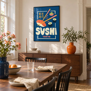 Sushi Wall Art, framed on the wall of a design-led dining room in a Victorian terrace with warm white walls and a walnut floor