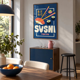 Sushi Wall Art, framed on the wall of a modern home bar corner within an open-plan dining room with pale grey walls