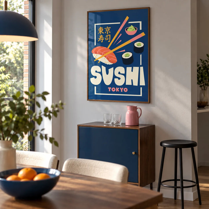 Sushi Wall Art, framed on the wall of a modern home bar corner within an open-plan dining room with pale grey walls