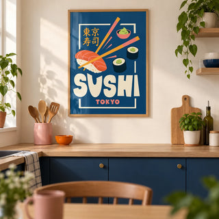 Sushi Wall Art, framed on the wall of a modern kitchen in a UK first flat (22-28) with cream walls