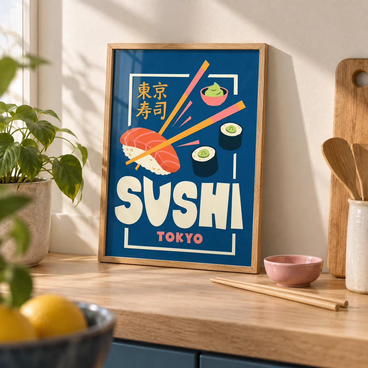 Sushi Wall Art, a small A4 framed print leaning on a pale oak kitchen worktop
