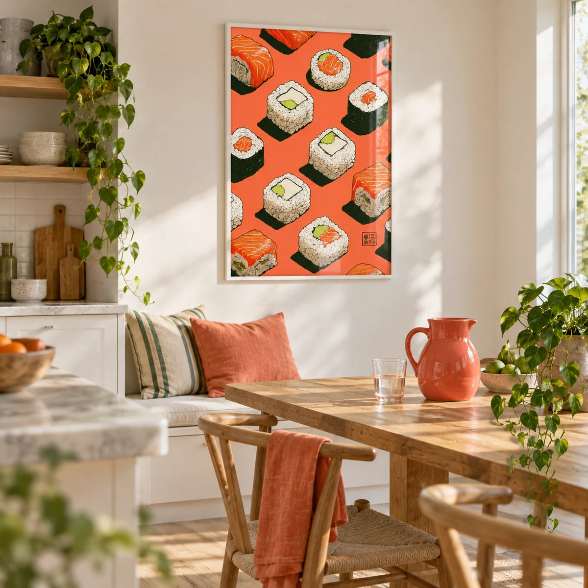 Sushi Wall, framed on the wall of a bright open-plan kitchen-diner with a soft white wall and a pale oak floor