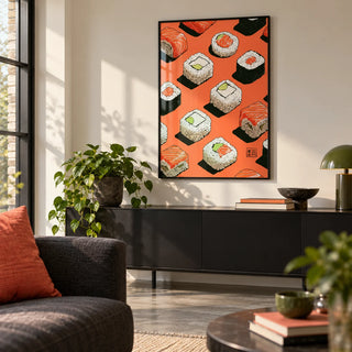 Sushi Wall, framed on the wall of a design-led city-flat living room with a polished concrete floor