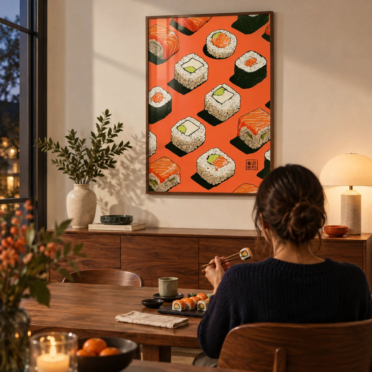 Sushi Wall, framed on the wall of a modern dining room in the evening with a warm white wall