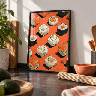 Sushi Wall, a small A4 framed print leaning on a black kitchen worktop