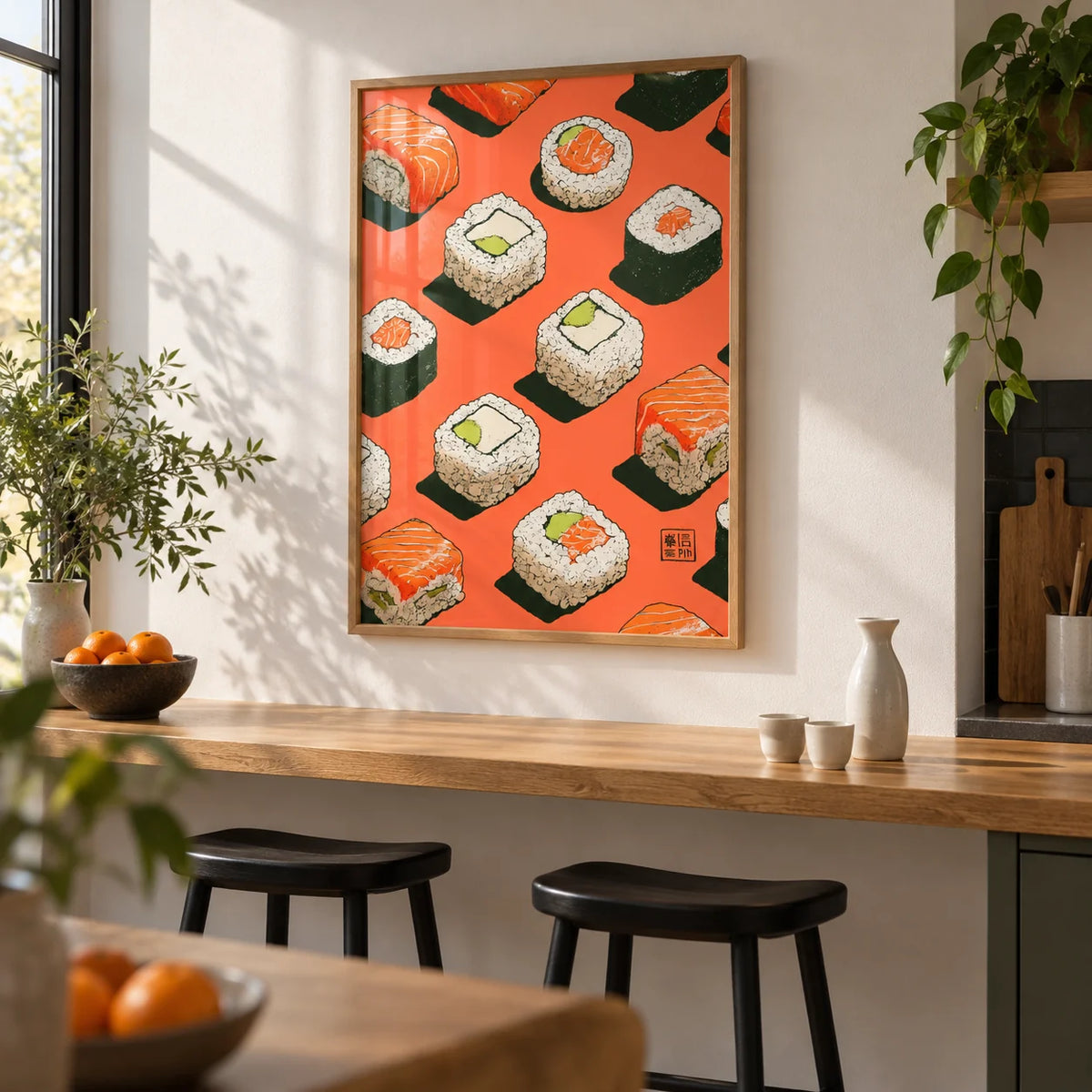 Sushi Wall, framed on the wall of a small kitchen breakfast bar with a white wall