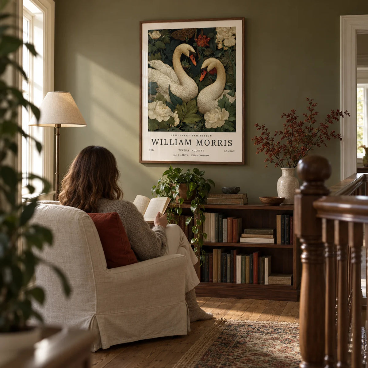 Swan Wall Art, framed on the wall of a quiet reading corner on a spacious landing with a muted olive wall and wooden floorboards in a living room