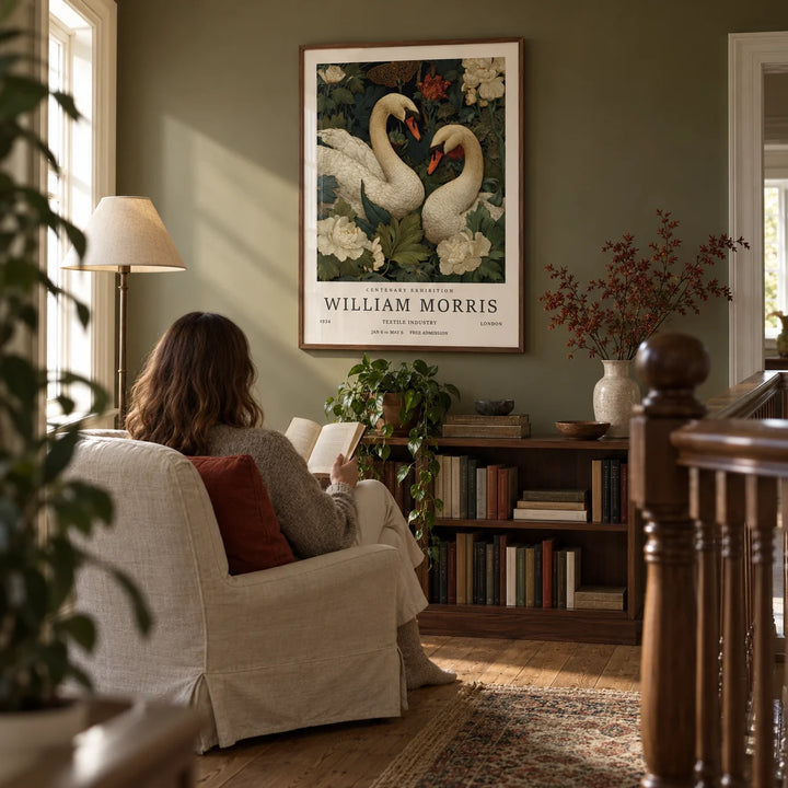 Swan Wall Art, framed on the wall of a quiet reading corner on a spacious landing with a muted olive wall and wooden floorboards in a living room