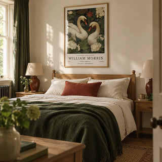 Swan Wall Art, framed on the wall of a restful bedroom for a couple in a period UK home with a soft cream wall
