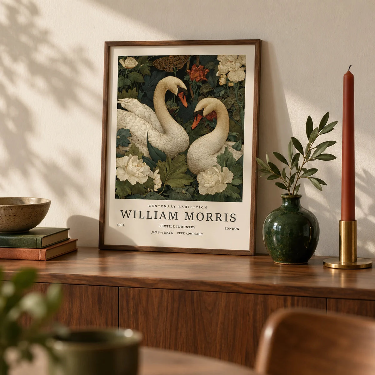 Swan Wall Art, a small A4 framed print leaning on a walnut sideboard in a living room