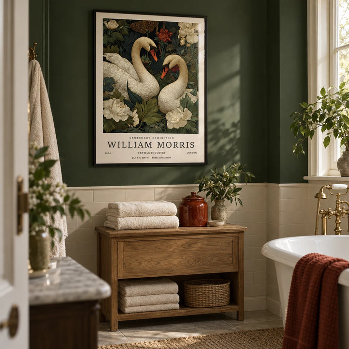 Swan Wall Art, framed on the wall of a traditional bathroom in a renovated terraced house with deep green painted upper walls and plain cream tiles below