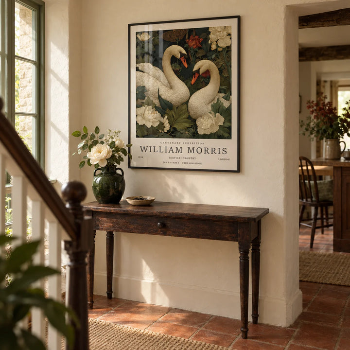 Swan Wall Art, framed on the wall of a welcoming hallway in a characterful UK cottage with warm cream plaster walls and terracotta floor tiles