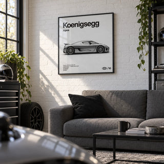 Swedish Hypercar Poster, framed on the wall of a car enthusiast's den in a converted garage with a white painted brick wall in a living room