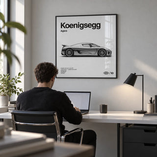 Swedish Hypercar Poster, framed on the wall of a minimal home study with a pale grey wall
