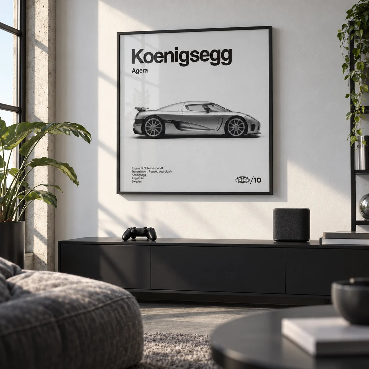 Swedish Hypercar Poster, framed on the wall of a modern games room in a loft with a white wall