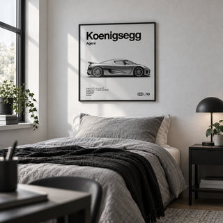 Swedish Hypercar Poster, framed on the wall of a monochrome single bedroom for a young adult (18-25) with a white wall