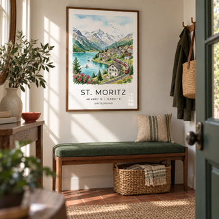 Swiss Landscape Art Print, framed on the wall of a characterful entrance hallway in a UK country town home with warm white walls and terracotta floor tiles