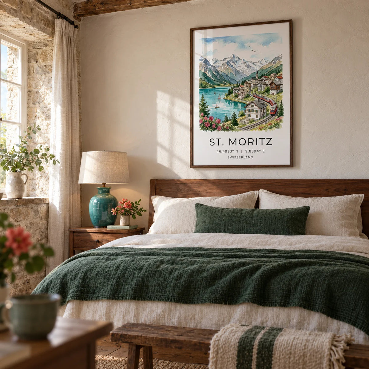 Swiss Landscape Art Print, framed on the wall of a restful bedroom in a UK stone cottage with warm white plaster and exposed timber floorboards