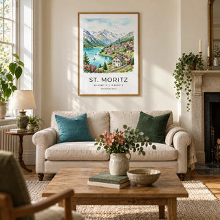 Swiss Landscape Art Print, framed on the wall of a welcoming living room in a British Victorian terrace with warm ivory plaster walls
