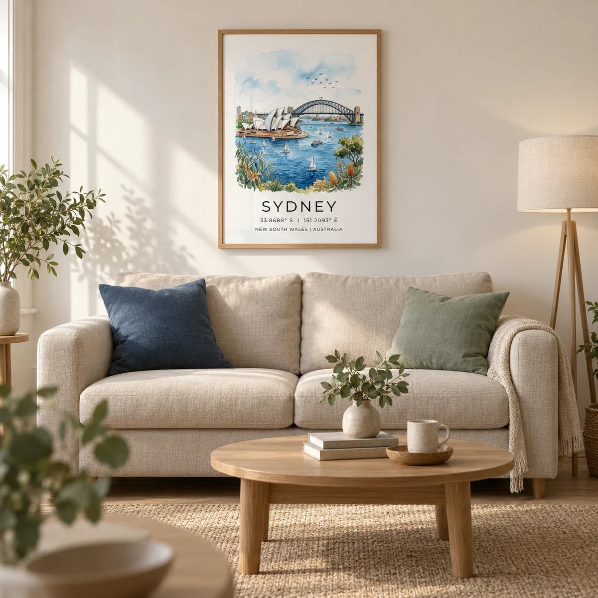 Sydney Watercolor Art Print, framed on the wall of a calm Scandi living room in a UK terraced home with a warm white wall and pale oak floor