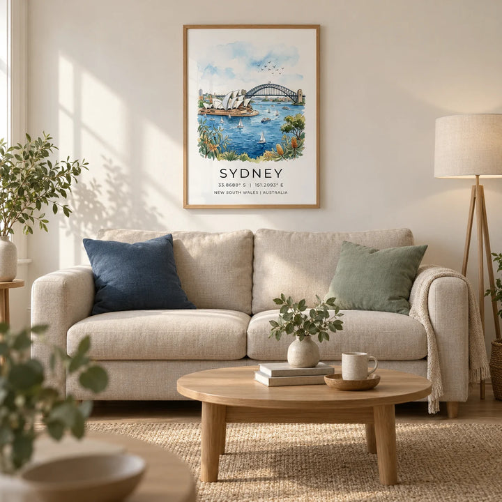 Sydney Watercolor Art Print, framed on the wall of a calm Scandi living room in a UK terraced home with a warm white wall and pale oak floor