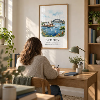 Sydney Watercolor Art Print, framed on the wall of a quiet home study in a UK flat with a warm white wall and a built-in pale oak bookcase