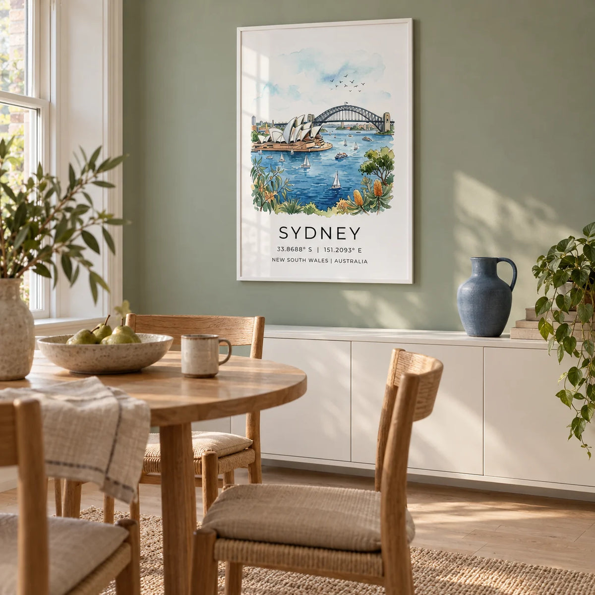 Sydney Watercolor Art Print, framed on the wall of a relaxed dining nook in a UK garden flat with a muted sage green wall and pale oak flooring