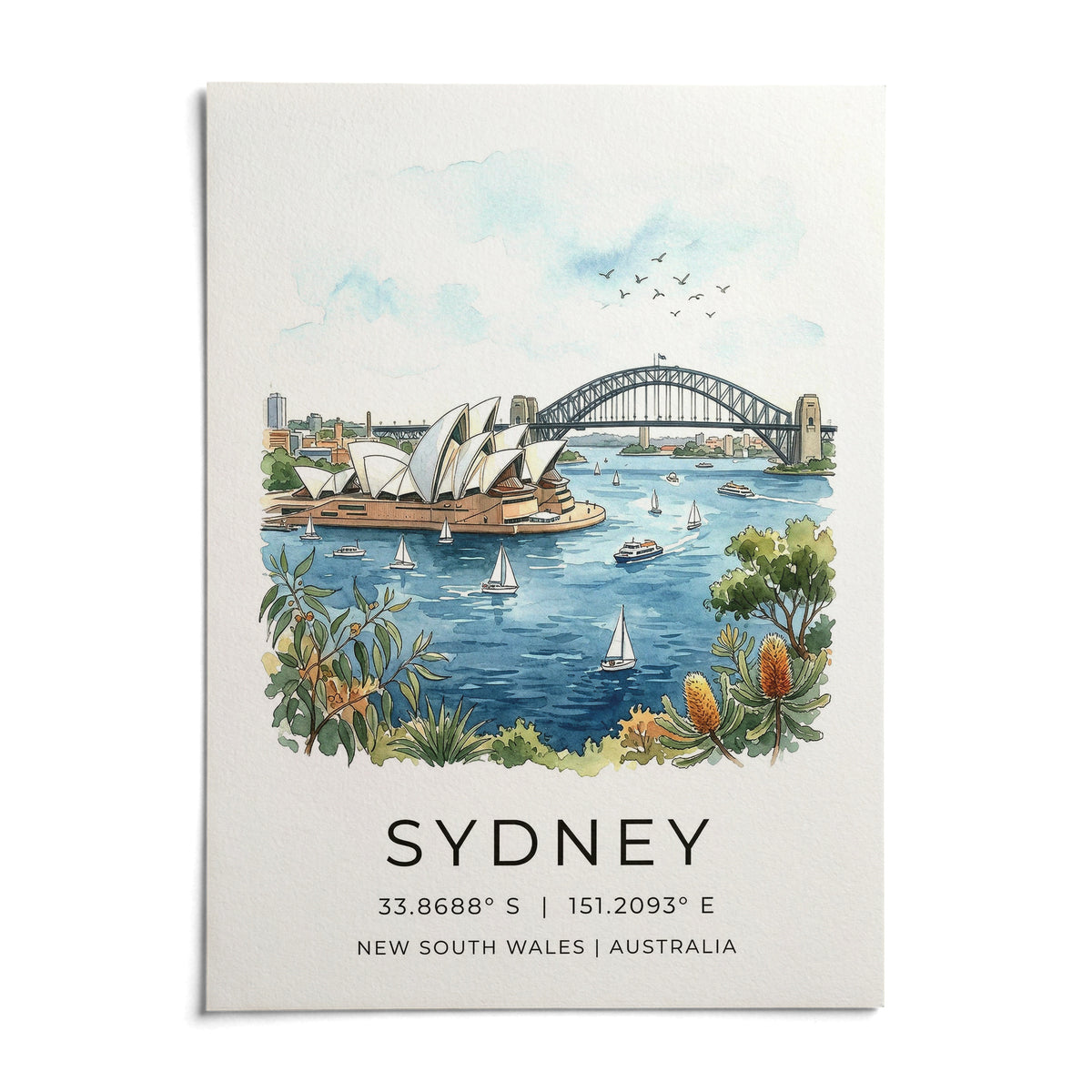 Sydney Watercolor Art Print, shown as an unframed paper print on a plain white background