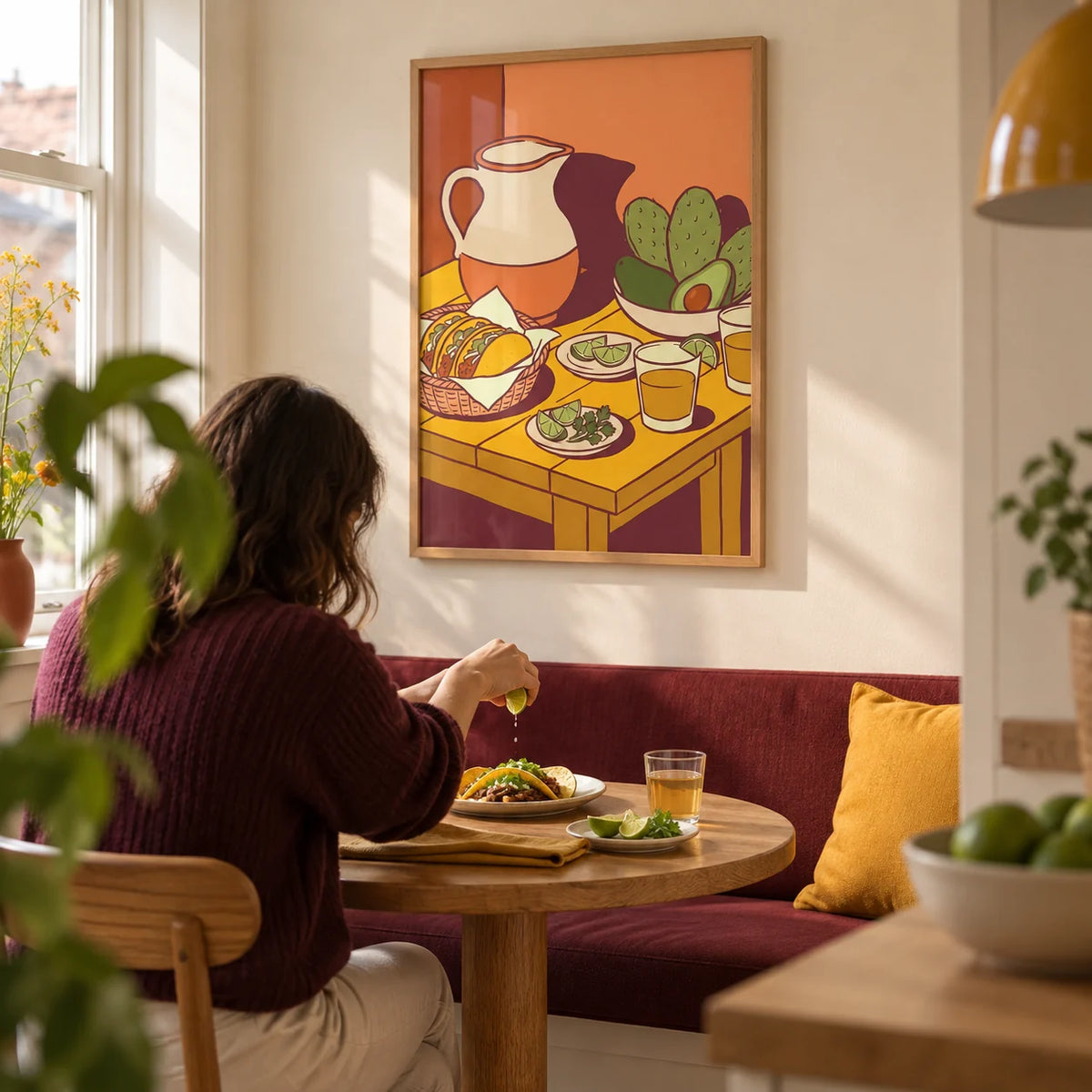 Taco Art Print, framed on the wall of a compact kitchen breakfast nook in a UK flat with a cream wall and an oak pedestal table