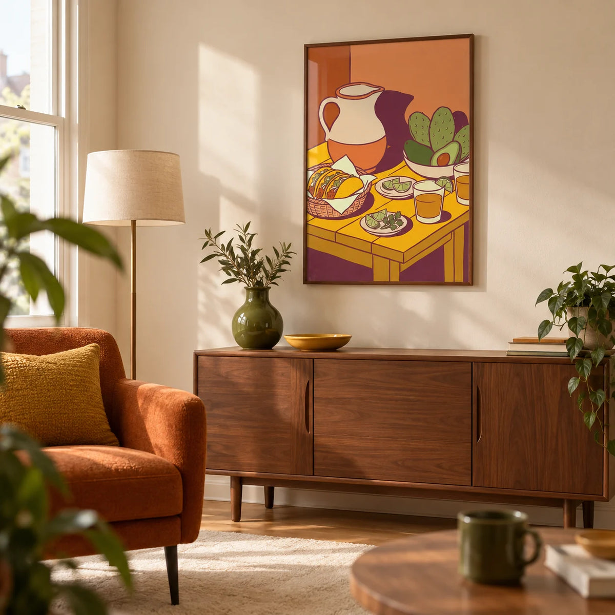 Taco Art Print, framed on the wall of a design-led living room in a UK city flat with a warm cream wall