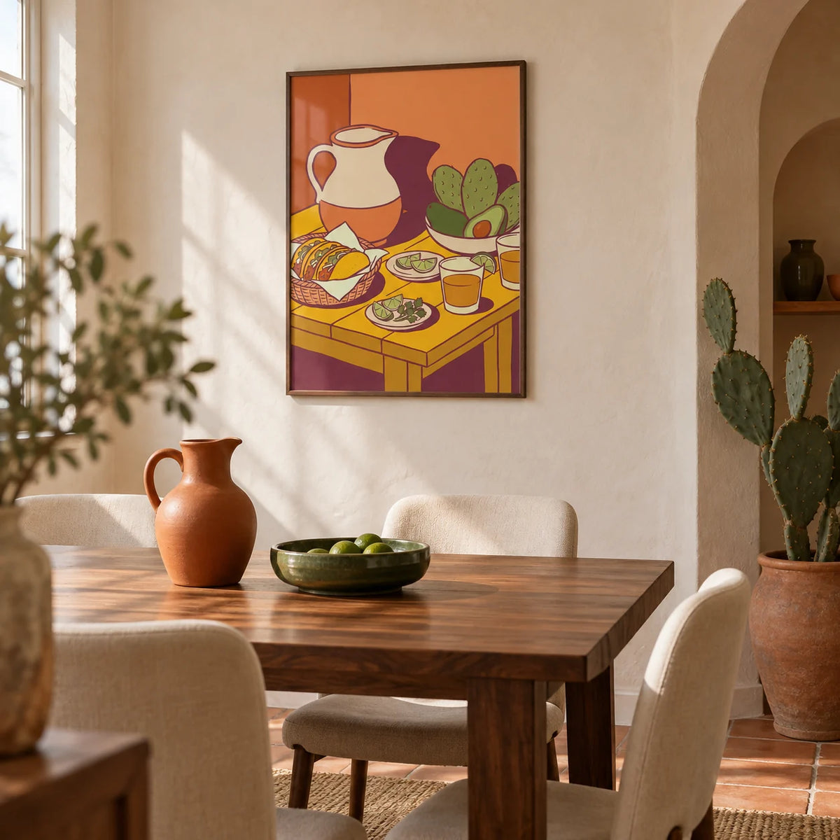 Taco Art Print, framed on the wall of a Mexican-inspired modern dining room in a UK terraced home