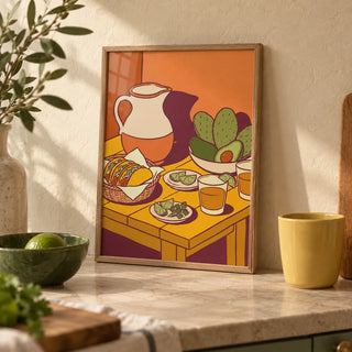 Taco Art Print, a small A4 framed print leaning on a pale stone kitchen worktop