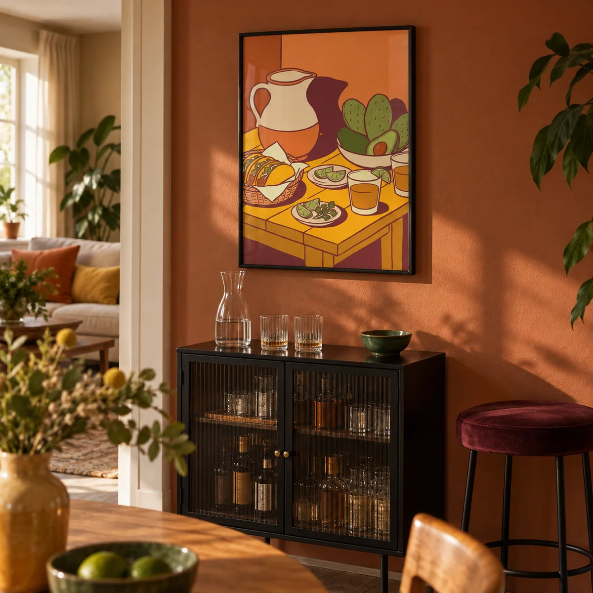 Taco Art Print, framed on the wall of a small home bar corner within an open-plan UK living and dining room