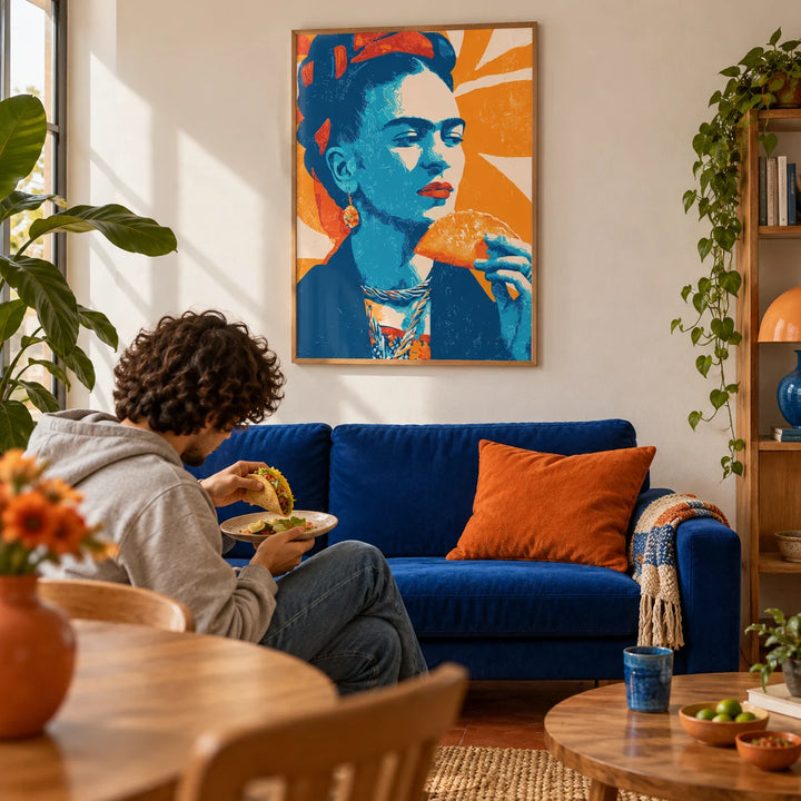 Taco Print, framed on the wall of a bold living room with a warm white wall and a plain terracotta floor