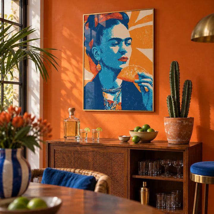 Taco Print, framed on the wall of a fun home bar corner with an orange painted wall in a living room
