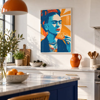 Taco Print, framed on the wall of a modern white kitchen with a cobalt blue island