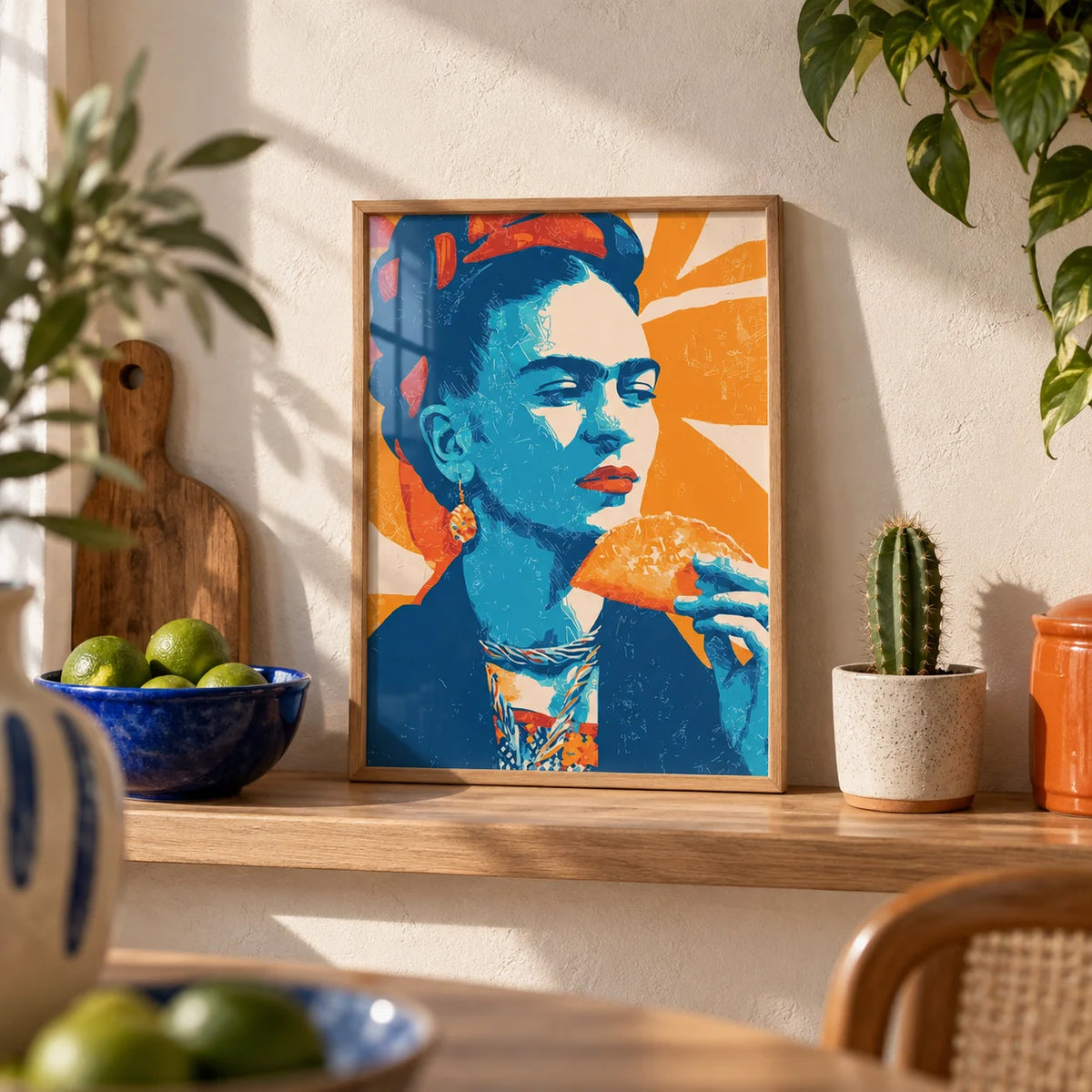 Taco Print, a small A4 framed print leaning on an oak kitchen shelf
