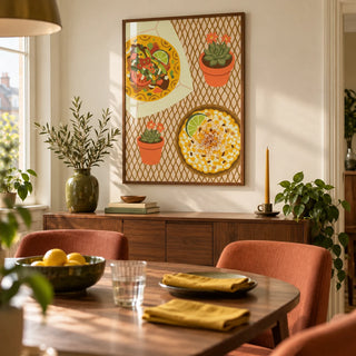 Taco Wall Art, framed on the wall of a compact modern dining room in a UK city flat with a warm off-white wall and a walnut dining table