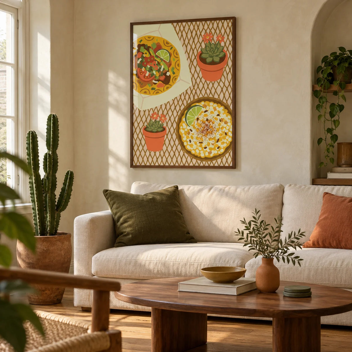 Taco Wall Art, framed on the wall of a relaxed modern living room in a UK terrace with pale limewashed plaster