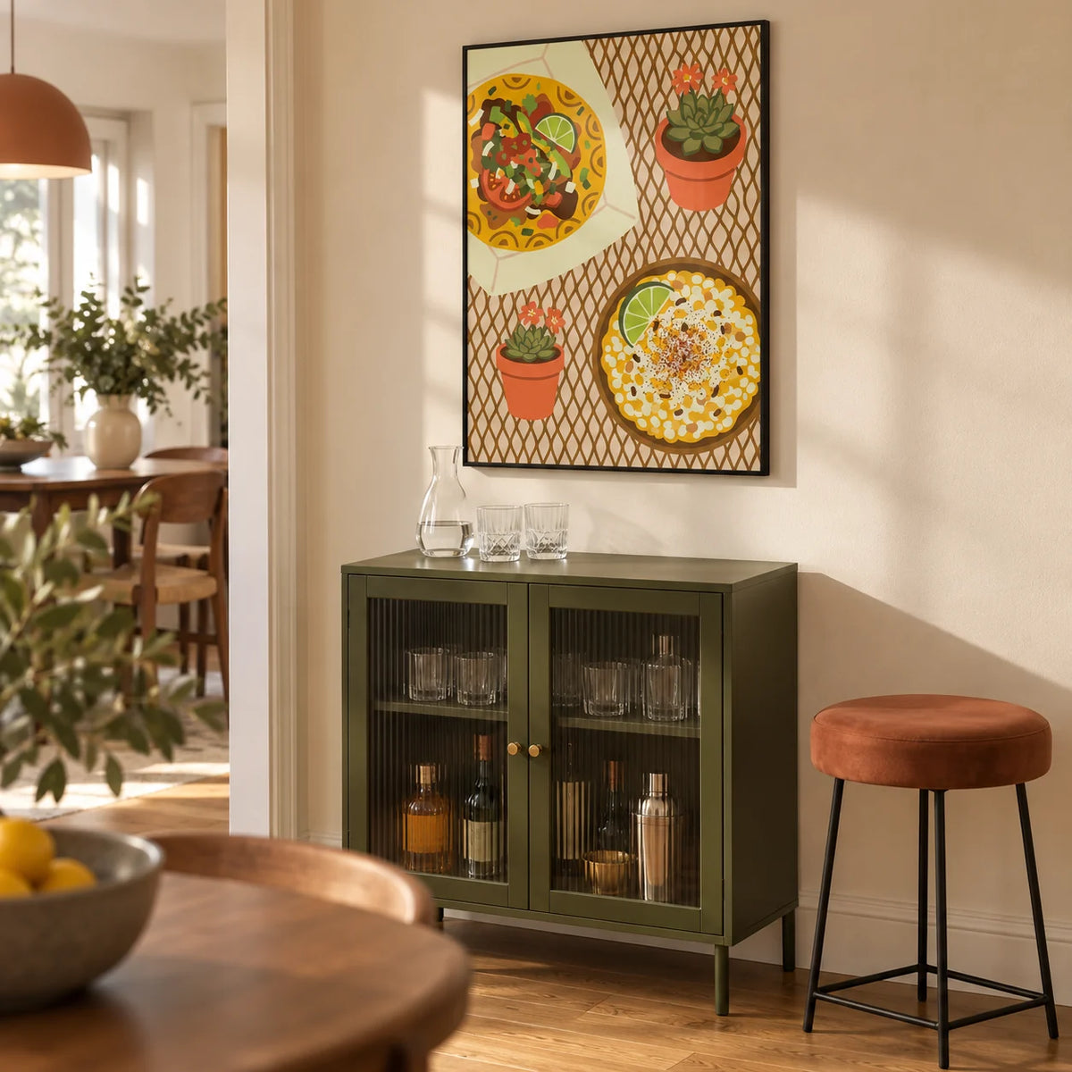 Taco Wall Art, framed on the wall of a small home bar corner off an open-plan dining room in a UK flat