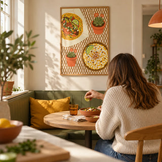 Taco Wall Art, framed on the wall of a sunny kitchen breakfast nook in a UK first flat for a couple aged 22-28
