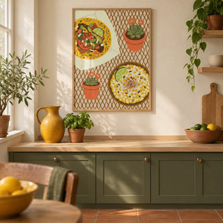 Taco Wall Art, framed on the wall of a warm Mexican-modern kitchen in a UK terraced home with cream plaster walls