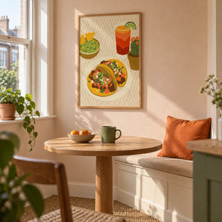Tacos Art Print, framed on the wall of a compact breakfast nook in a first UK flat for a couple aged 22-28 in a kitchen