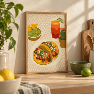 Tacos Art Print, a small A4 framed print leaning on a pale oak kitchen worktop